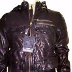 Leather jacket with leather hood & multipocket